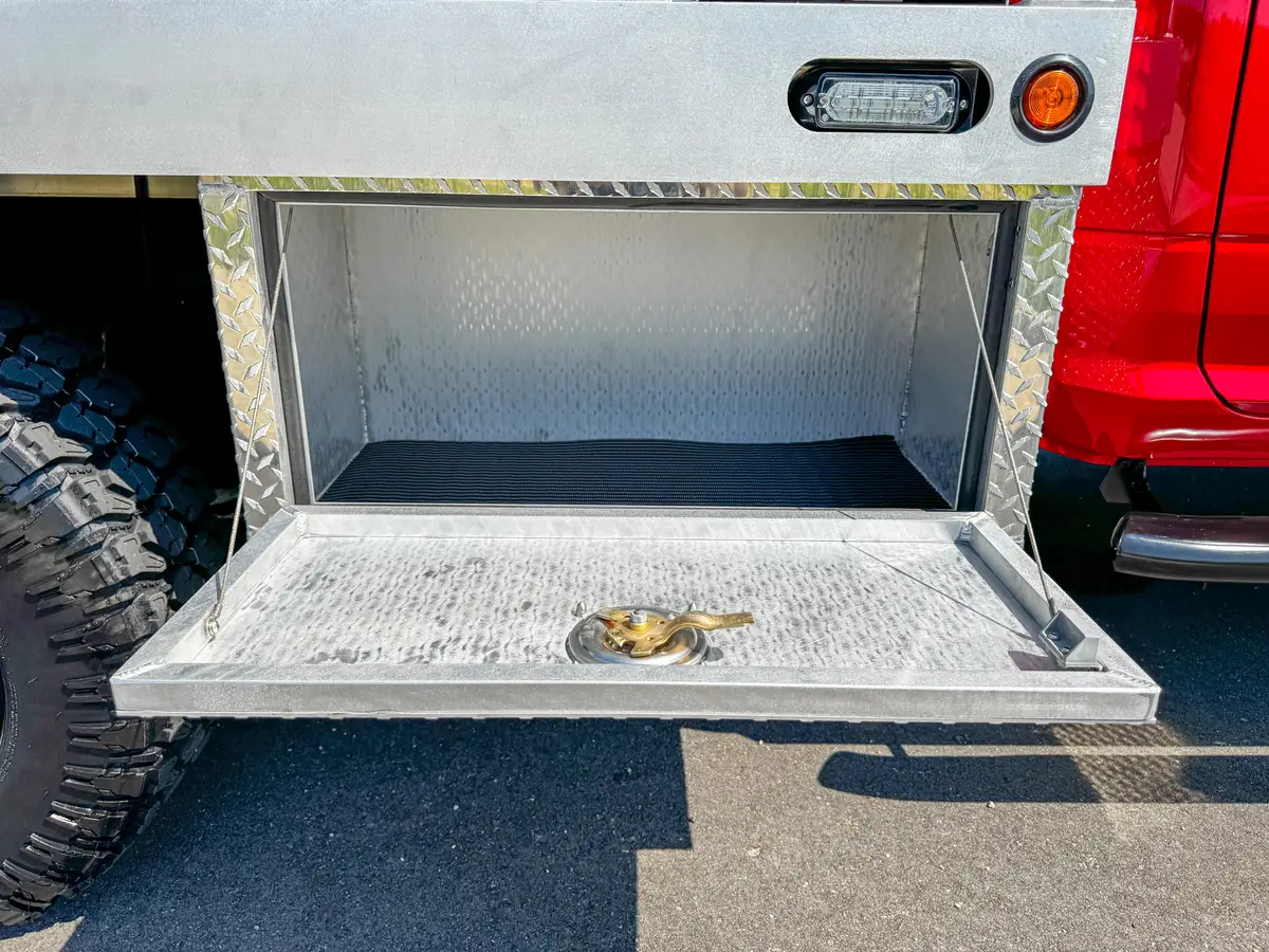 Open right-side roll-up compartment view showing shelf and storage space.